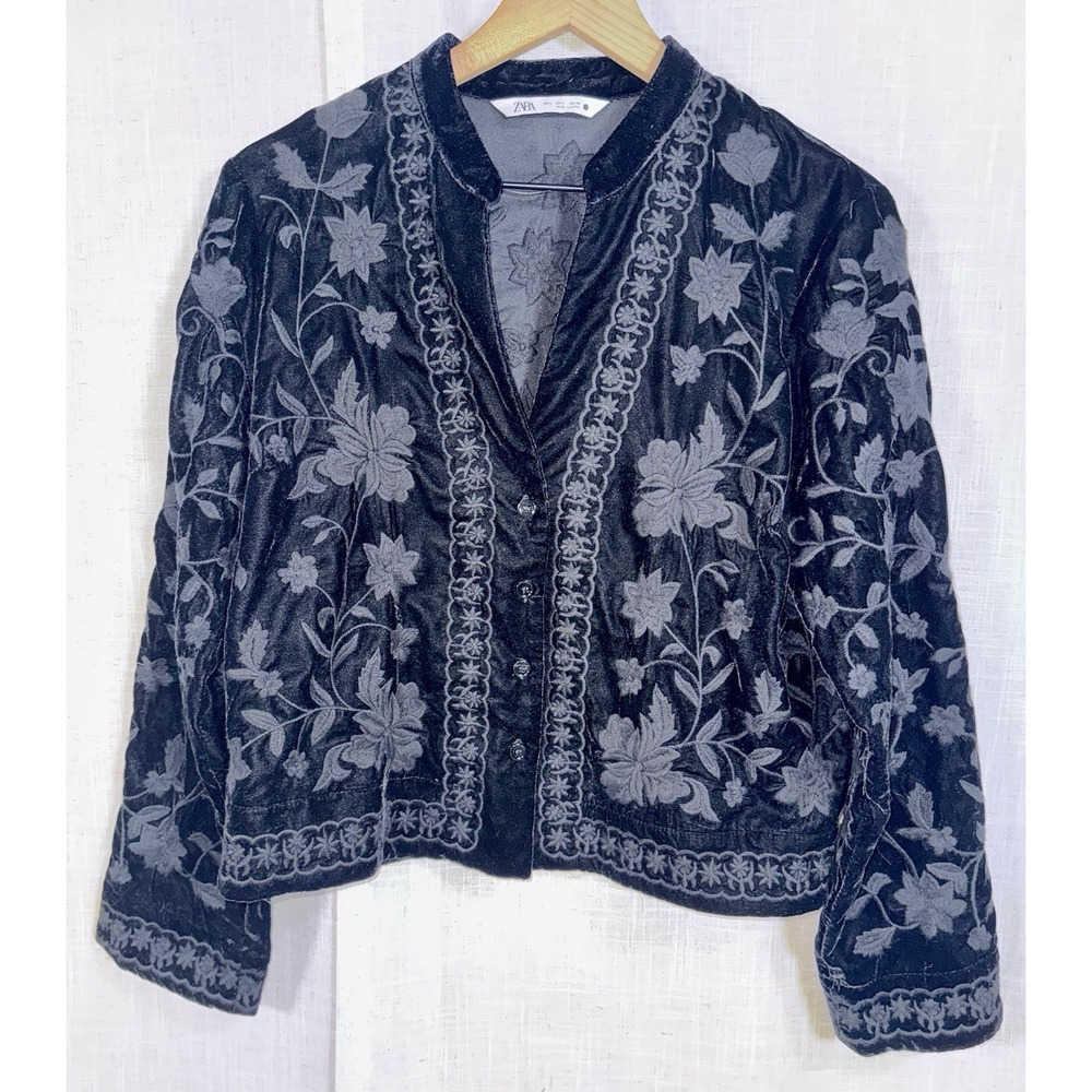 Zara Velvet Button Up Jacket Blazer Womens‎ L Black Embroidery Whimsigoth Grunge